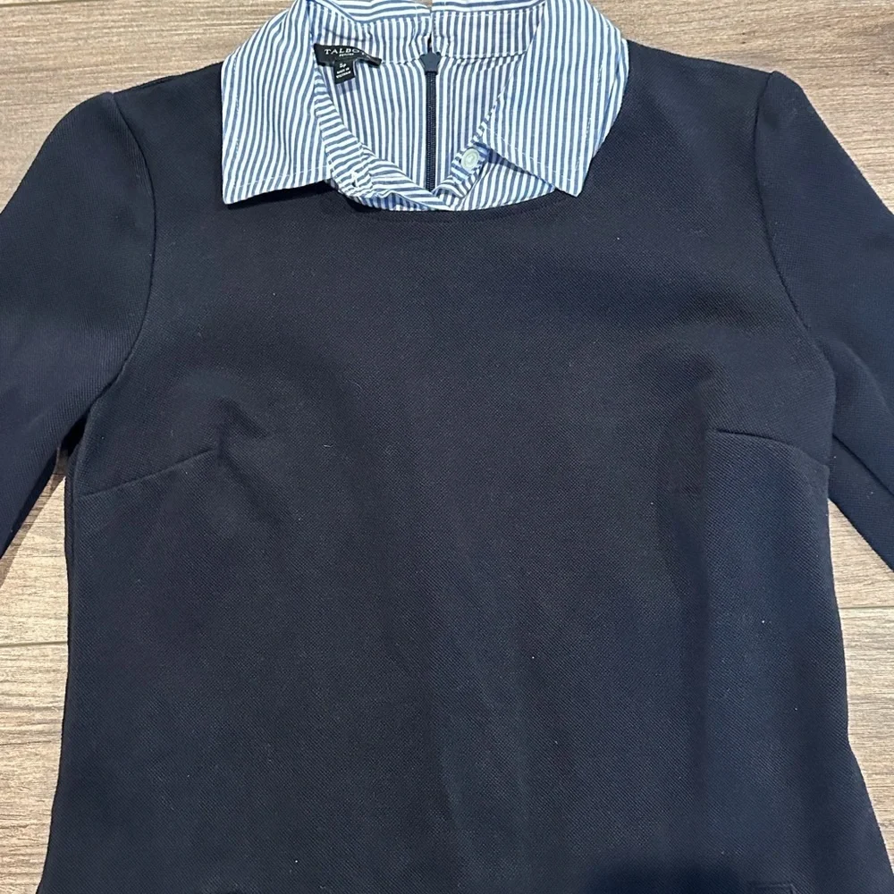 Talbots Small Petite Navy Blue Oxford with Blue Striped Layered Look Shirt Dress
